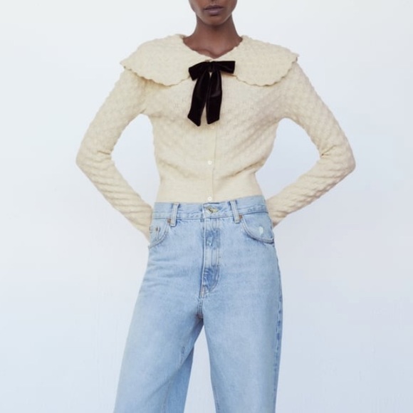 Zara bow trim textured knit sweater cardigan - Picture 4 of 5